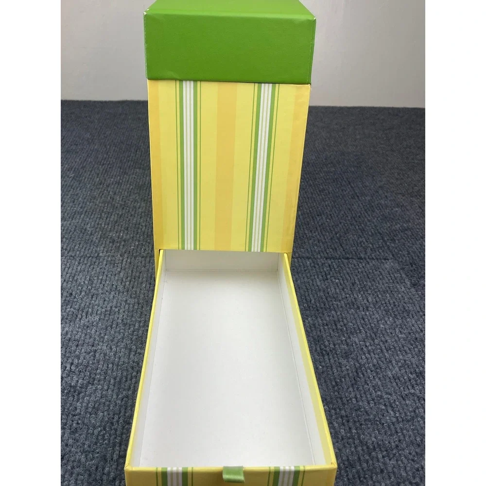 VTG. Hallmark Yellow Green Striped Card Storage Box w/Pullout Drawer 10.5x10x4.5